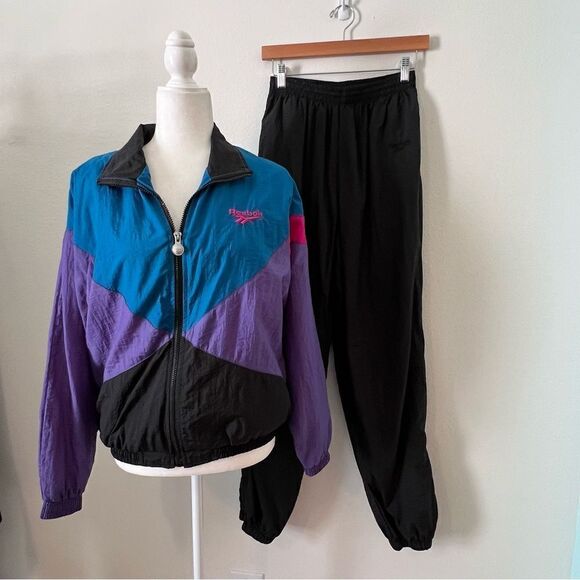 VTG Reebok Track Suit Women Med 90s Blue Purple Black Colorblock Y2K Black Pants - Picture 1 of 11